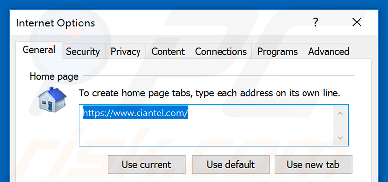 Removing ciantel.com from Internet Explorer homepage