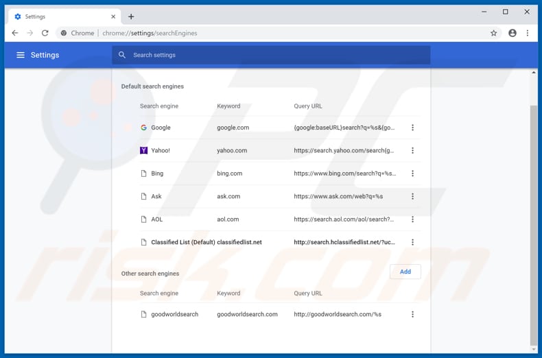 Removing search.hclassifiedlist.net from Google Chrome default search engine