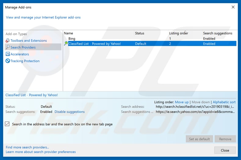 Removing search.hclassifiedlist.net from Internet Explorer default search engine
