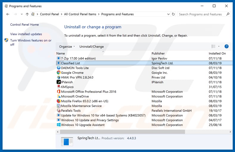 search.hclassifiedlist.net browser hijacker uninstall via Control Panel