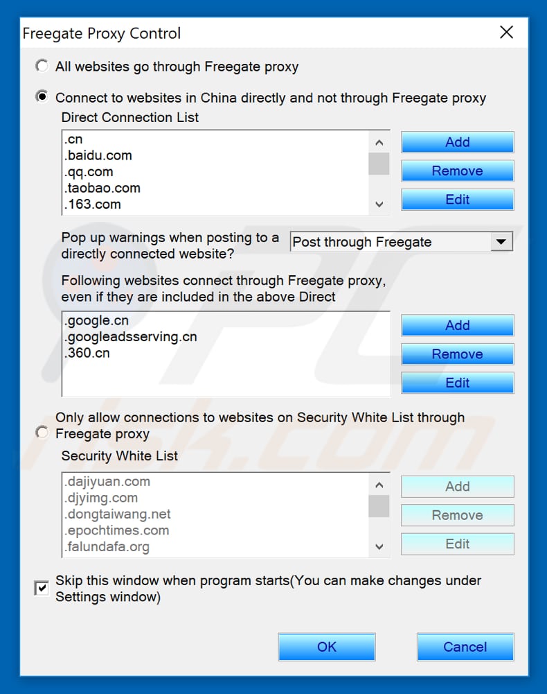 Freegate proxy control settings