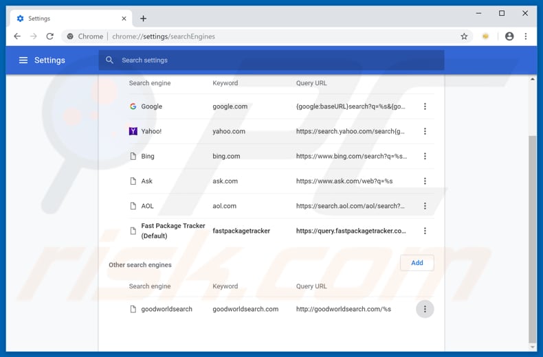 Removing search.fastpackagetracker.co from Google Chrome default search engine