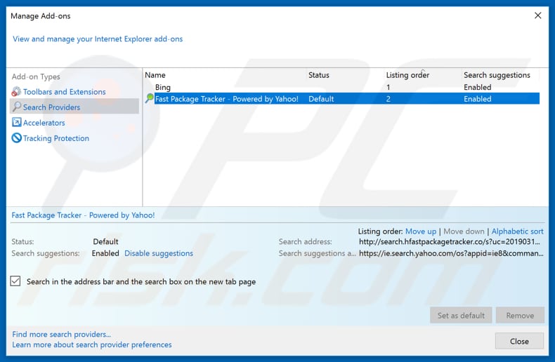 Removing search.fastpackagetracker.co from Internet Explorer default search engine