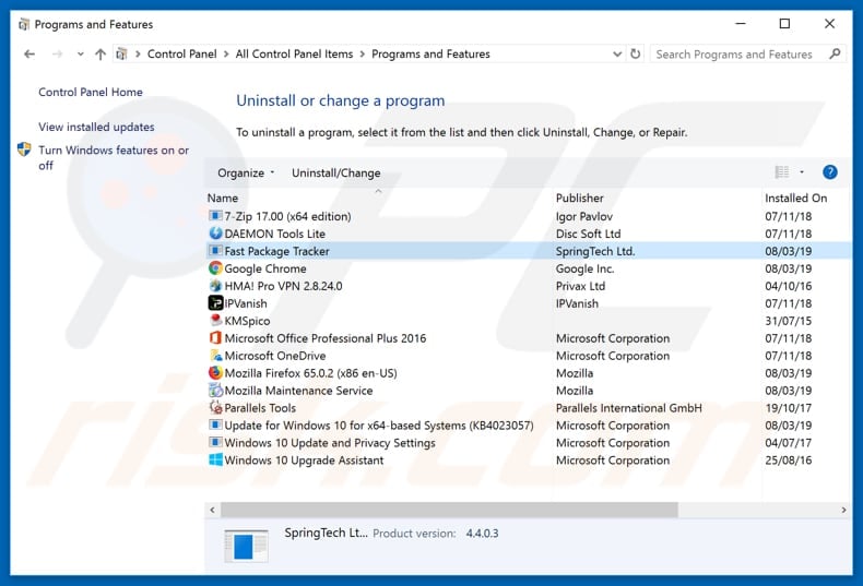 search.fastpackagetracker.co browser hijacker uninstall via Control Panel