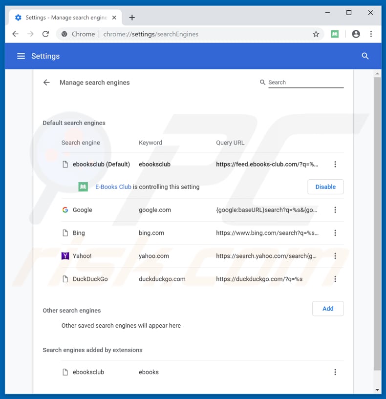 Removing feed.ebooks-club.com from Google Chrome default search engine