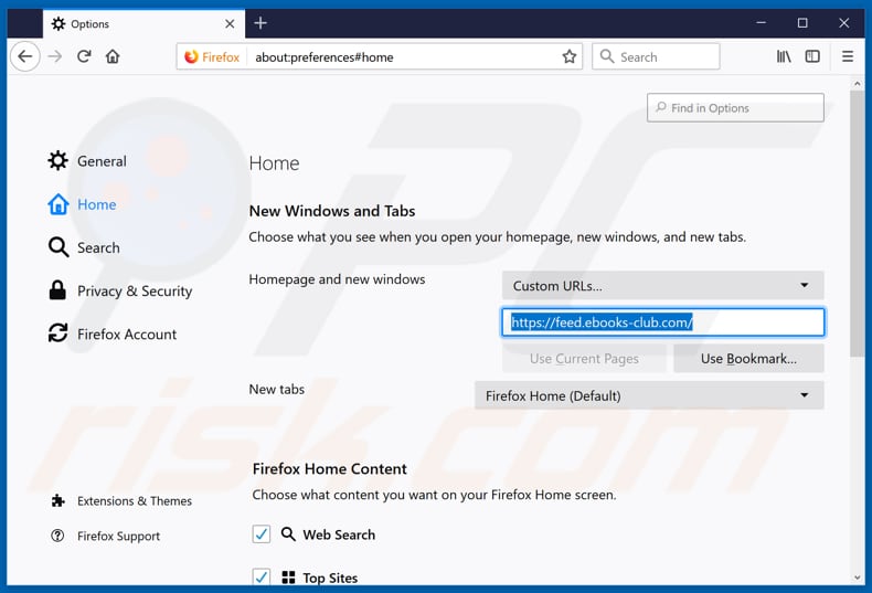 Removing feed.ebooks-club.com from Mozilla Firefox homepage