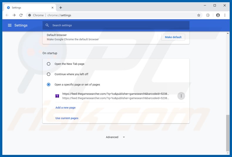 Removing feed.thegamesearcher.com from Google Chrome homepage