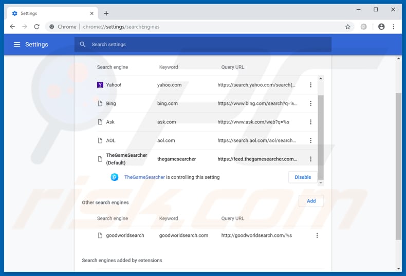 Removing feed.thegamesearcher.com from Google Chrome default search engine