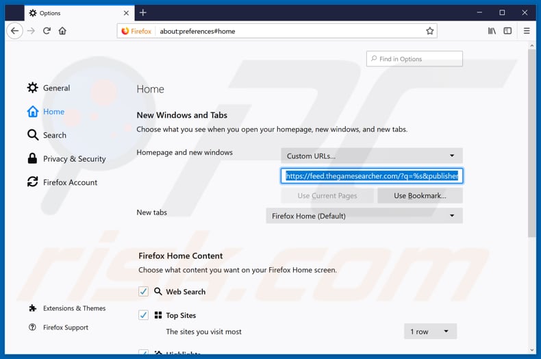 Removing feed.thegamesearcher.com from Mozilla Firefox homepage
