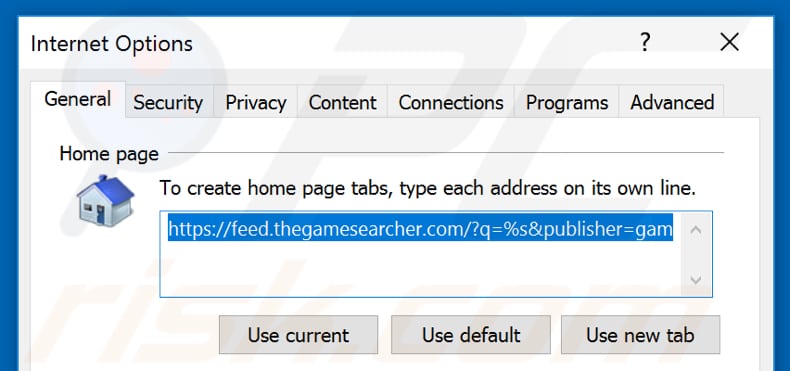 Removing feed.thegamesearcher.com from Internet Explorer homepage