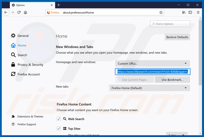 Removing blpsearch.com from Mozilla Firefox homepage