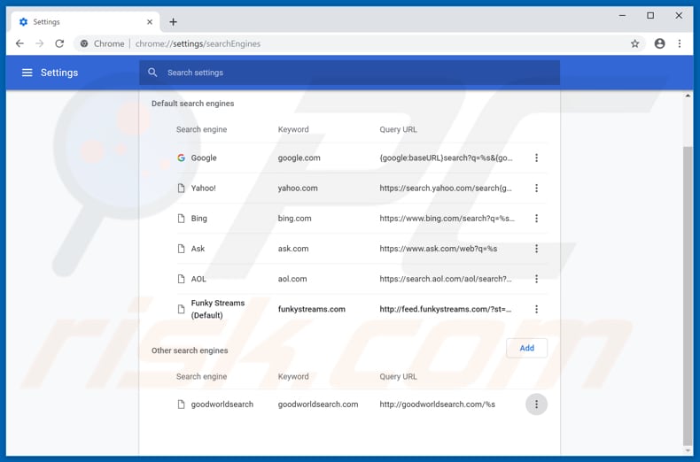 Removing funkystreams.com from Google Chrome default search engine