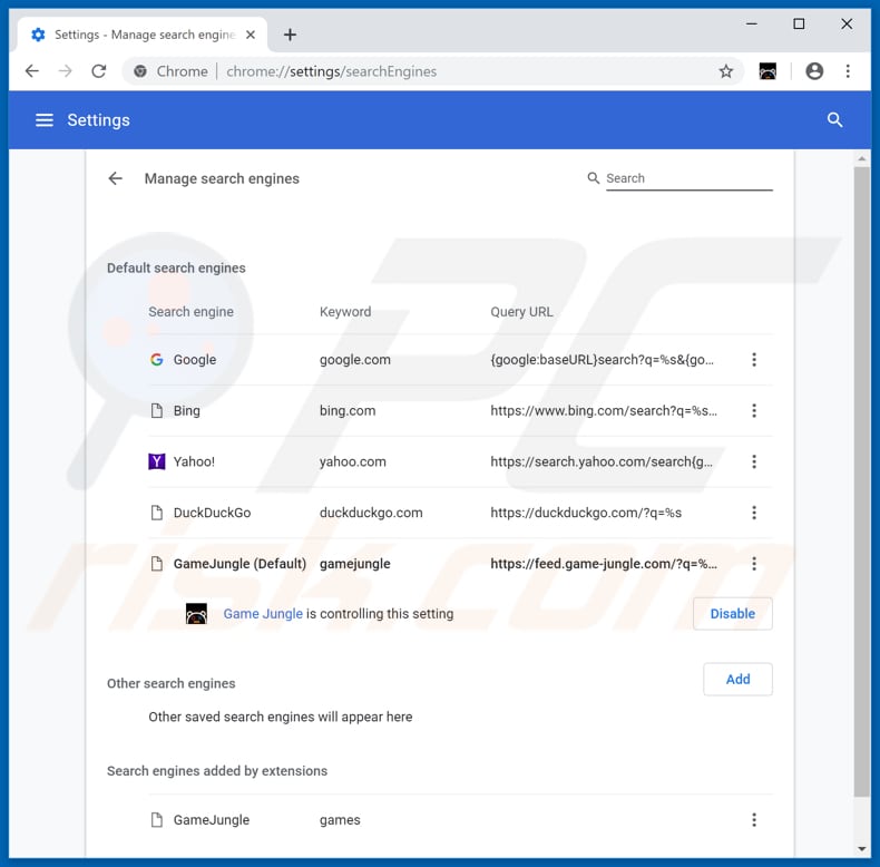 Removing feed.game-jungle.com from Google Chrome default search engine