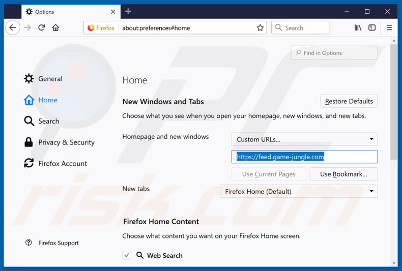 Removing feed.game-jungle.com from Mozilla Firefox homepage