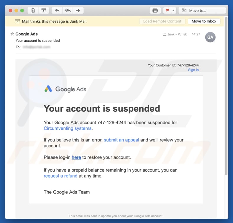 Google Ads - Your account is suspended spam campaign