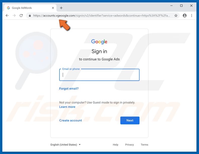 fake google ads website asking to username and password