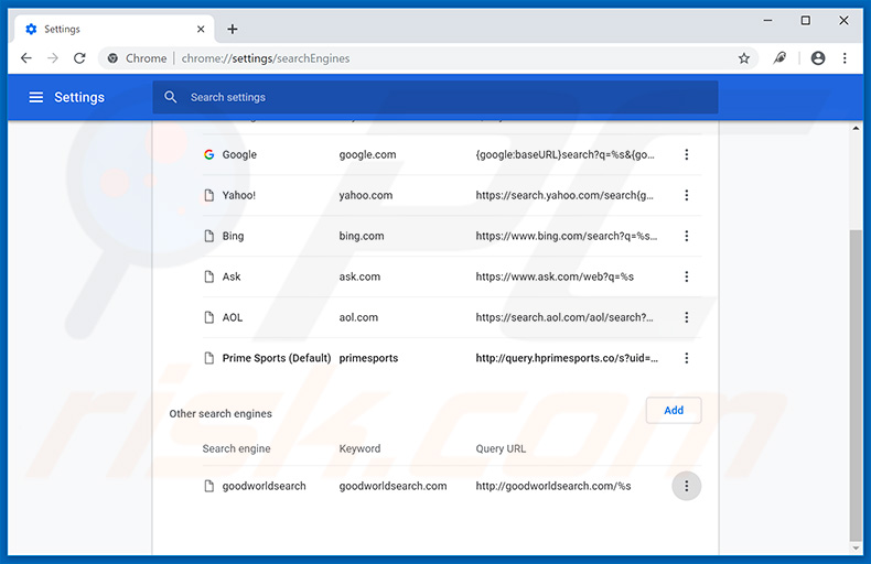 Removing search.hprimesports.co from Google Chrome default search engine