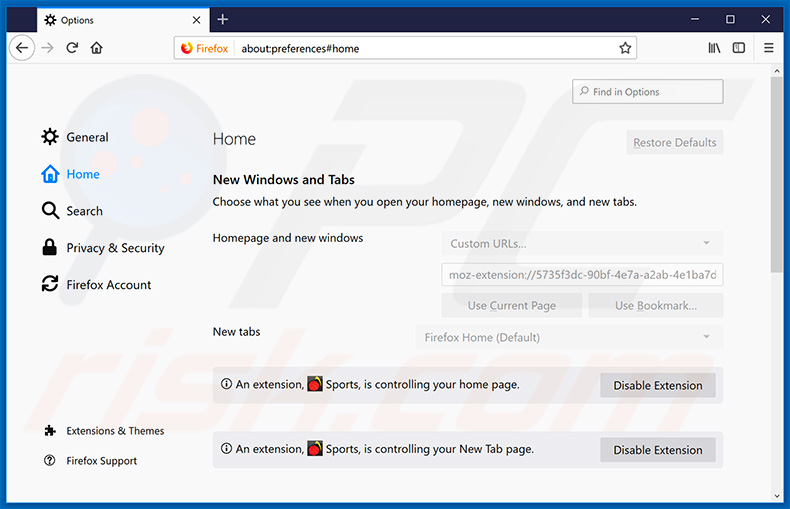 Removing search.hprimesports.co from Mozilla Firefox homepage