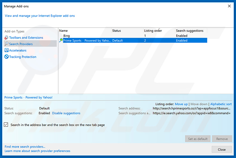 Removing search.hprimesports.co from Internet Explorer default search engine