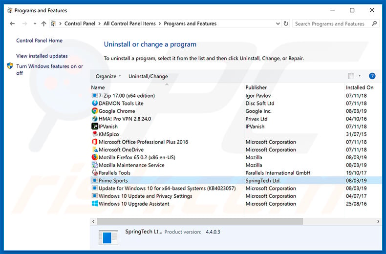 search.hprimesports.co browser hijacker uninstall via Control Panel