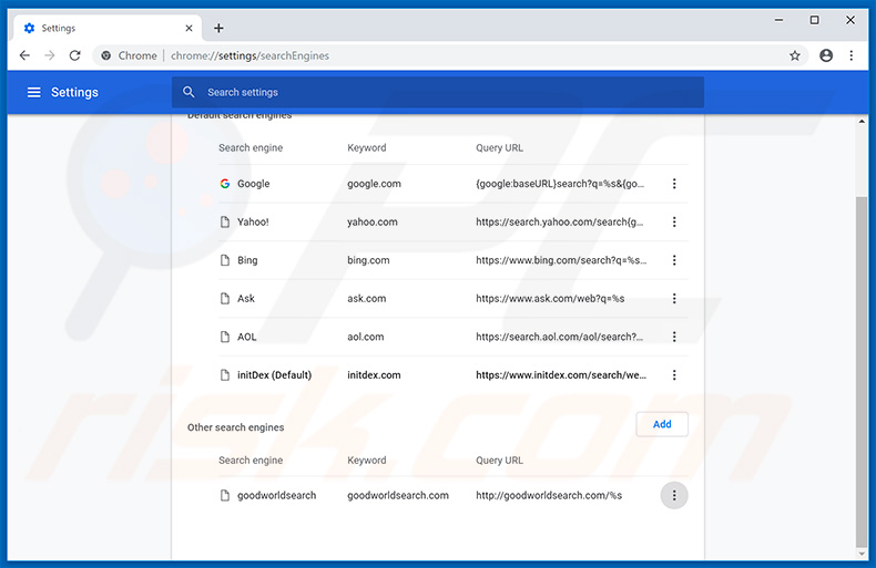 Removing initdex.com from Google Chrome default search engine