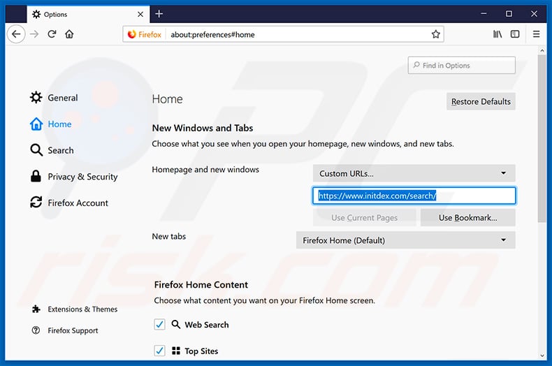 Removing initdex.com from Mozilla Firefox homepage