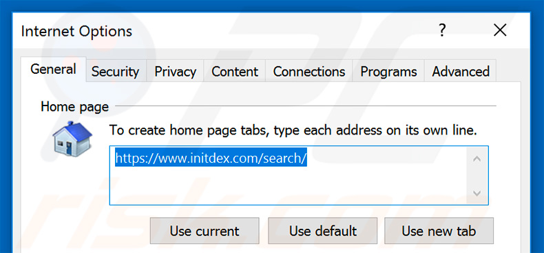 Removing initdex.com from Internet Explorer homepage