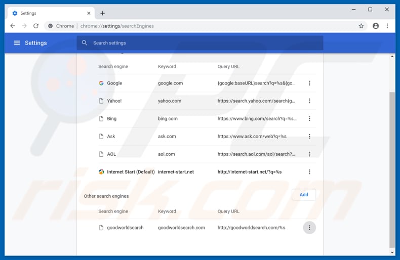 Removing internet-start.net from Google Chrome default search engine