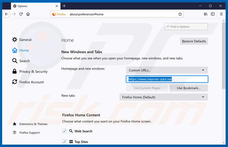 Removing internet-start.net from Mozilla Firefox homepage