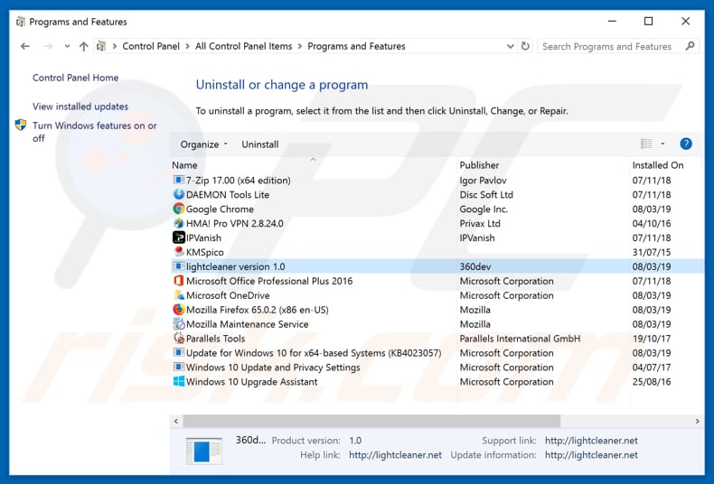 Light Cleaner adware uninstall via Control Panel