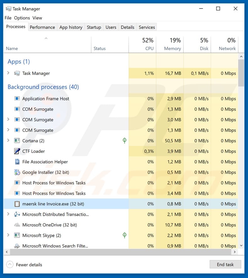 Pony process running in Task Manager by the name maersk line Invoice.exe (32-bit)