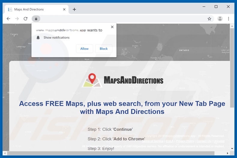 Maps And Directions App promoting website asking to enable web browser notifications