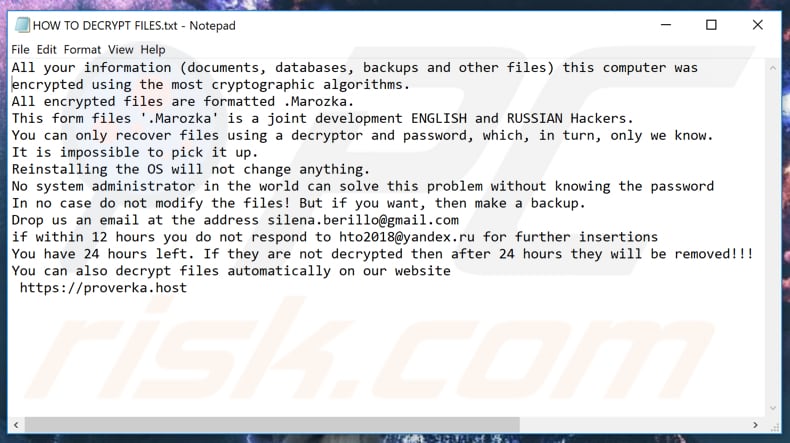 Marozka ransomware ransom note (HOW TO DECRYPT FILES.txt)