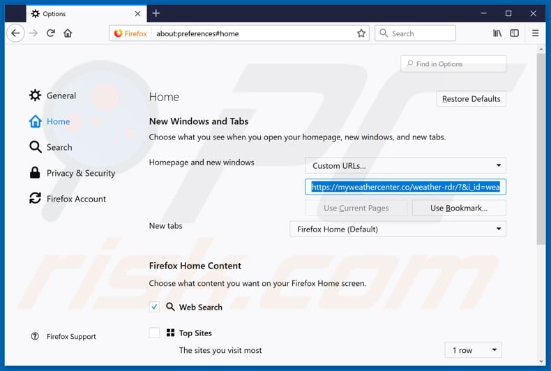 Removing myweathercenter.co from Mozilla Firefox homepage