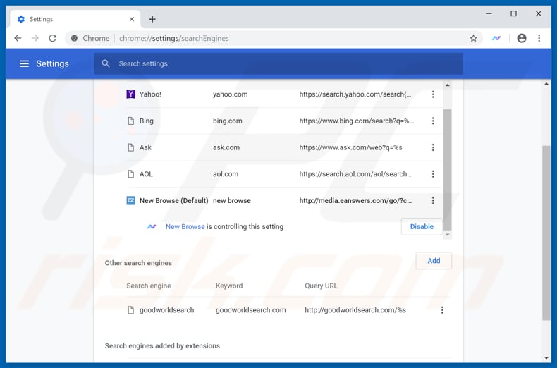 Removing eanswers.com from Google Chrome default search engine
