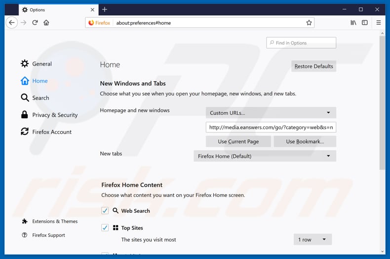 Removing eanswers.com from Mozilla Firefox homepage