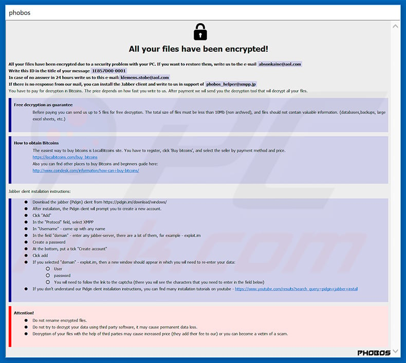 Phoenix-Phobos ransomware ransom-demanding message (info.hta)