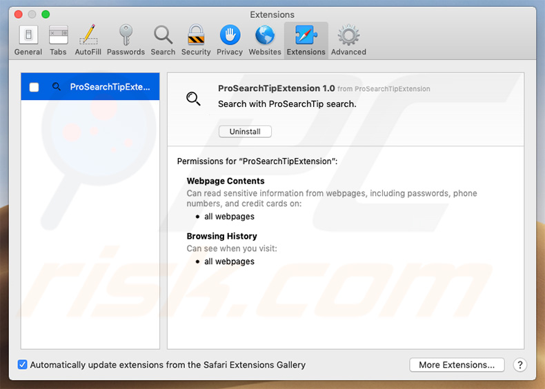 ProSearchTip browser hijacker in Safari
