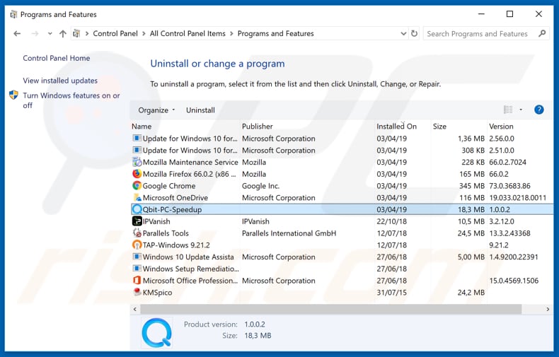 Qbit PC Speedup adware uninstall via Control Panel