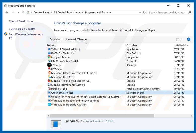 search.hquickemailaccess.co browser hijacker uninstall via Control Panel
