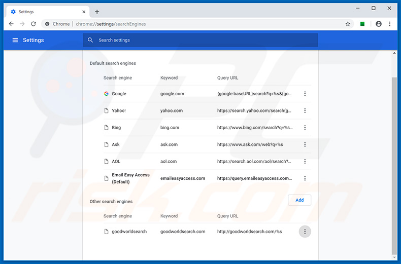 Removing search.emaileasyaccess.com from Google Chrome default search engine