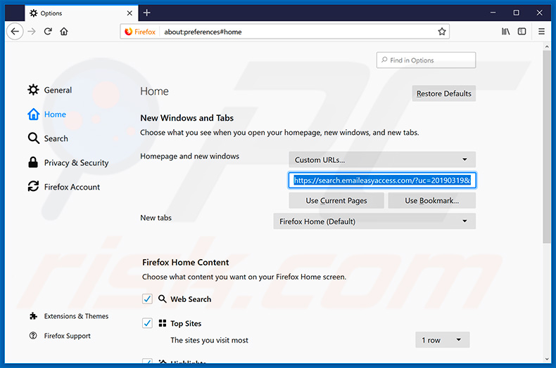 Removing search.emaileasyaccess.com from Mozilla Firefox homepage