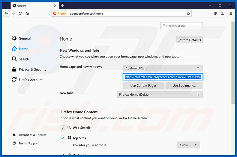 Removing search.emaileasyaccess.com from Mozilla Firefox homepage