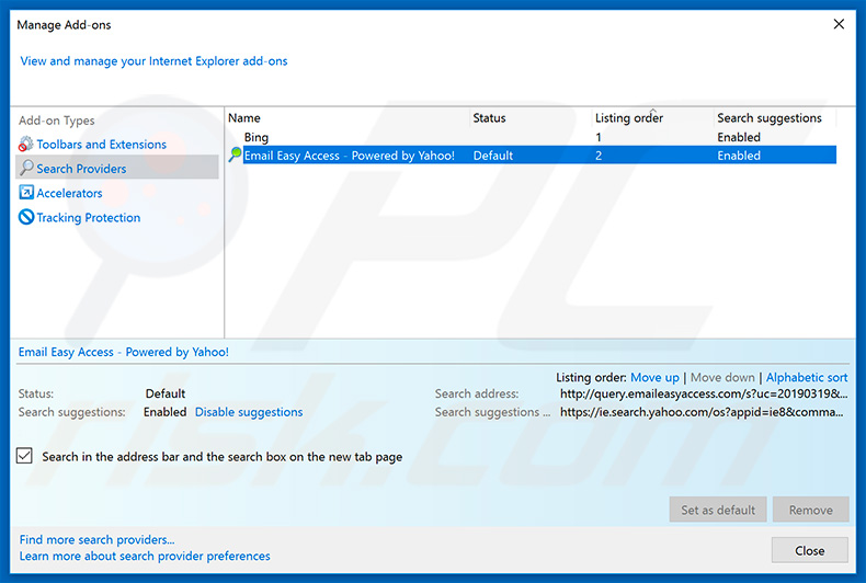 Removing search.emaileasyaccess.com from Internet Explorer default search engine