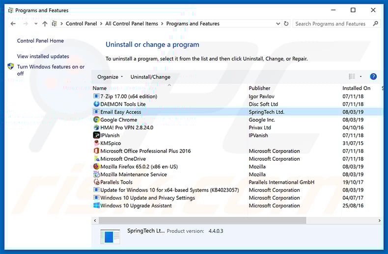 search.emaileasyaccess.com browser hijacker uninstall via Control Panel
