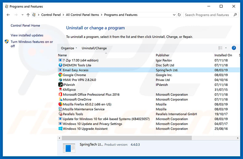 search.emaileasyaccess.com browser hijacker uninstall via Control Panel
