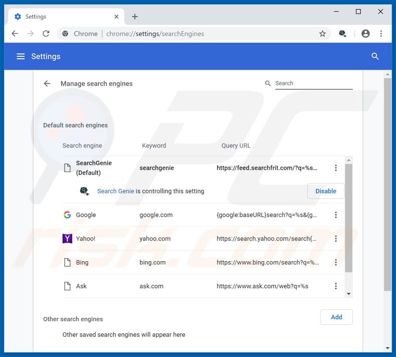 Removing feed.searchfrit.com from Google Chrome default search engine