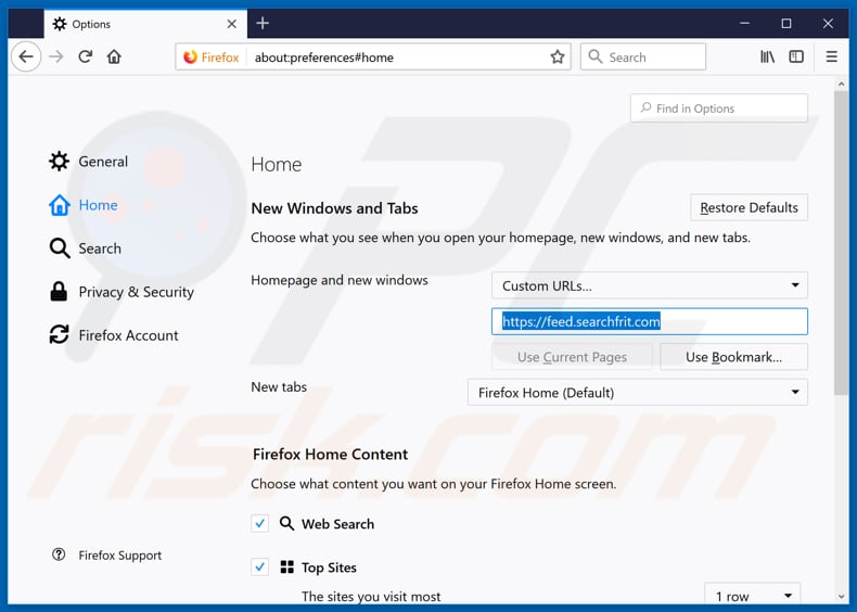Removing feed.searchfrit.com from Mozilla Firefox homepage