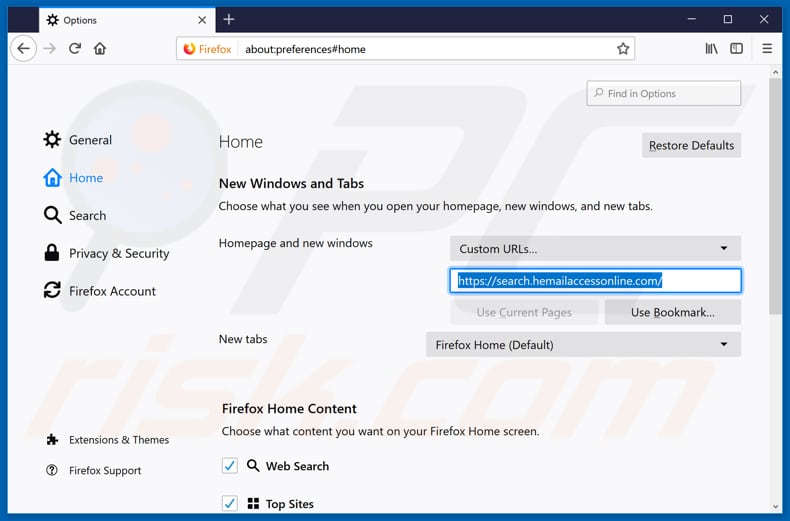 Removing search.hemailaccessonline.com from Mozilla Firefox homepage