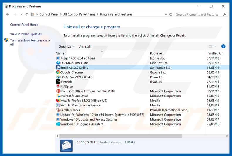 search.hemailaccessonline.com browser hijacker uninstall via Control Panel